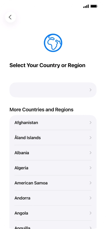 Press the required country or area. Press the required country or area.