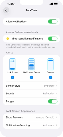 Press the indicator next to 'Allow Notifications' to turn notifications for the selected application on or off. Press the indicator next to 'Allow Notifications' to turn notifications for the selected application on or off.