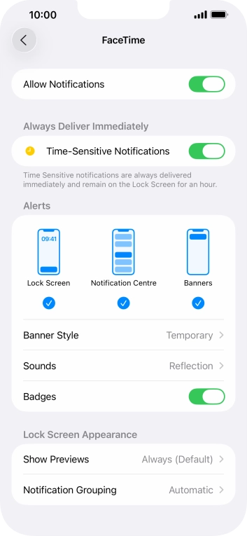 Press the indicator next to 'Allow Notifications' to turn notifications for the selected application on or off. Press the indicator next to 'Allow Notifications' to turn notifications for the selected application on or off.