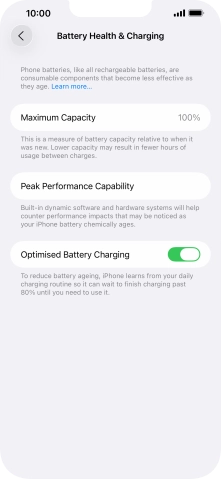 Press the indicator next to 'Optimised Battery Charging' to turn the function on or off.