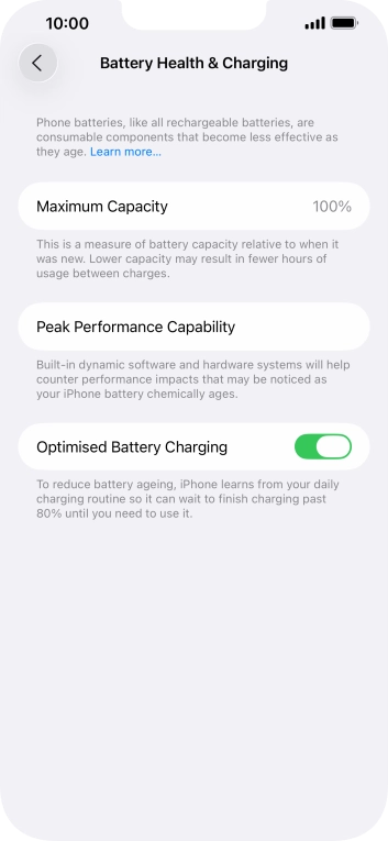 Press the indicator next to 'Optimised Battery Charging' to turn the function on or off.
