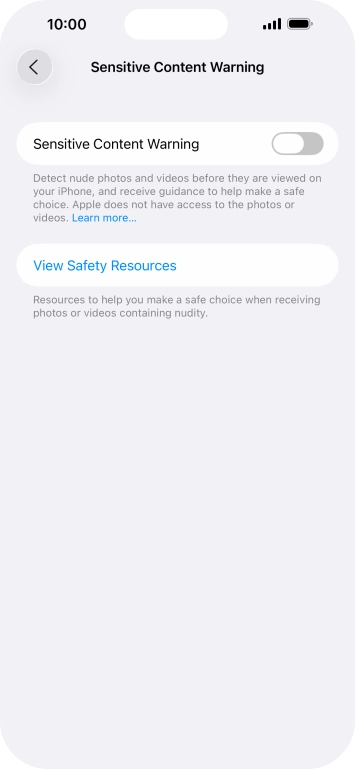 Press the indicator next to 'Sensitive Content Warning' to turn the function on or off. Press the indicator next to 'Sensitive Content Warning' to turn the function on or off.