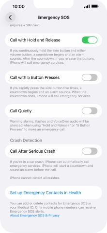 Press the indicator next to 'Call After Serious Crash' to turn on the function.