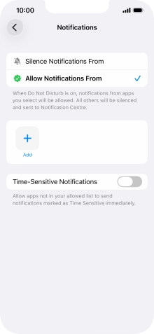 Press the indicator next to 'Time-Sensitive Notifications' to turn display of timed notifications on or off when Do Not Disturb is turned on. Press the indicator next to 'Time-Sensitive Notifications' to turn display of timed notifications on or off when Do Not Disturb is turned on.