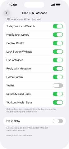 Press the indicator next to 'Erase Data' to turn the function on or off. Press the indicator next to 'Erase Data' to turn the function on or off.