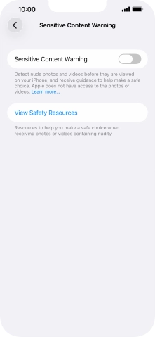 Press the indicator next to 'Sensitive Content Warning' to turn the function on or off. Press the indicator next to 'Sensitive Content Warning' to turn the function on or off.