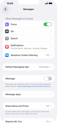 Press the indicator next to 'iMessage' to turn on the function.