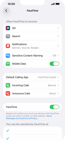 Press the indicator next to 'FaceTime' to turn the function on or off.