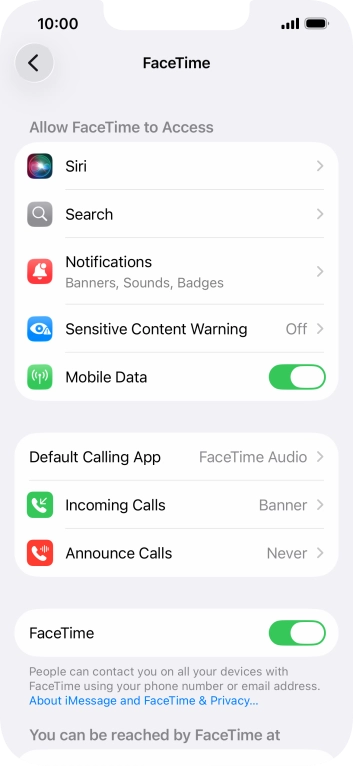 Press the indicator next to 'FaceTime' to turn the function on or off. Press the indicator next to 'FaceTime' to turn the function on or off.
