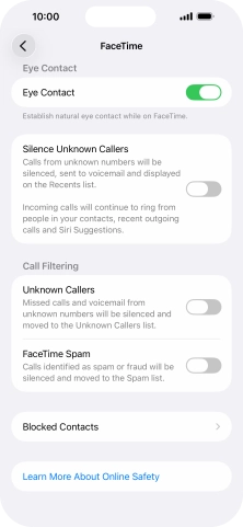 Press the indicator next to 'Eye Contact' to turn the function on or off. Press the indicator next to 'Eye Contact' to turn the function on or off.