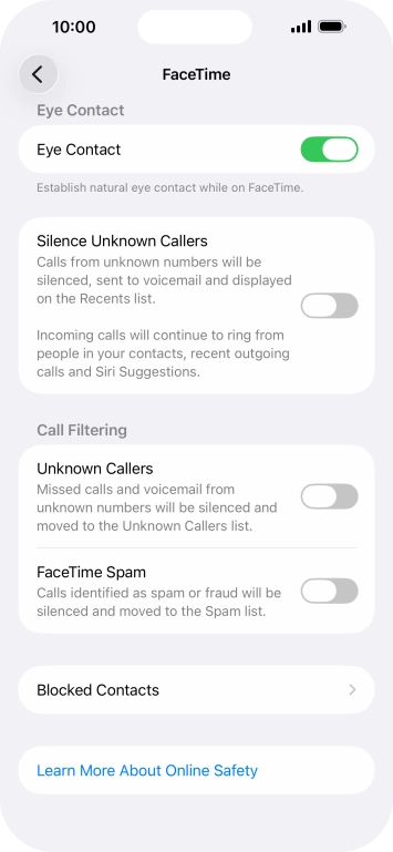 Press the indicator next to 'Eye Contact' to turn the function on or off. Press the indicator next to 'Eye Contact' to turn the function on or off.