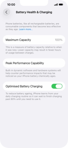 Press the indicator next to 'Optimised Battery Charging' to turn the function on or off.