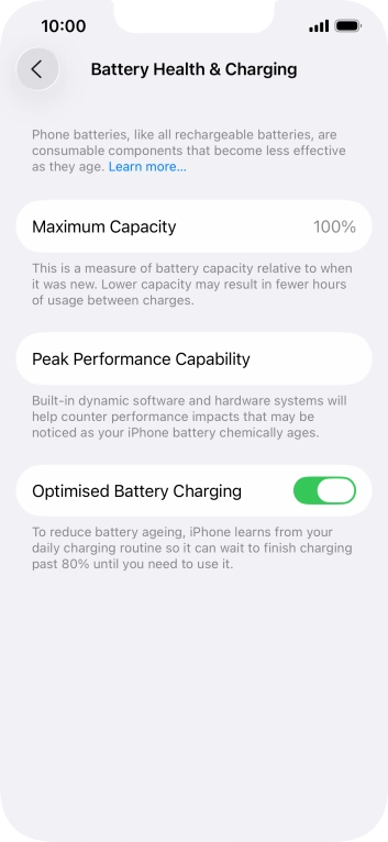 Press the indicator next to 'Optimised Battery Charging' to turn the function on or off.