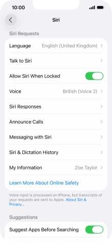 Press the indicator next to 'Allow Siri When Locked' to turn the function on or off.