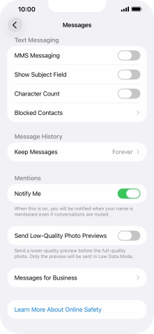 Press the indicator next to 'MMS Messaging' to turn on the function. Press the indicator next to 'MMS Messaging' to turn on the function.