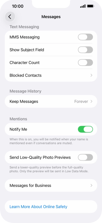 Press the indicator next to 'MMS Messaging' to turn on the function. Press the indicator next to 'MMS Messaging' to turn on the function.
