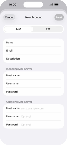 Press Host Name and key in the name of your email provider's outgoing server. Press Host Name and key in the name of your email provider's outgoing server.