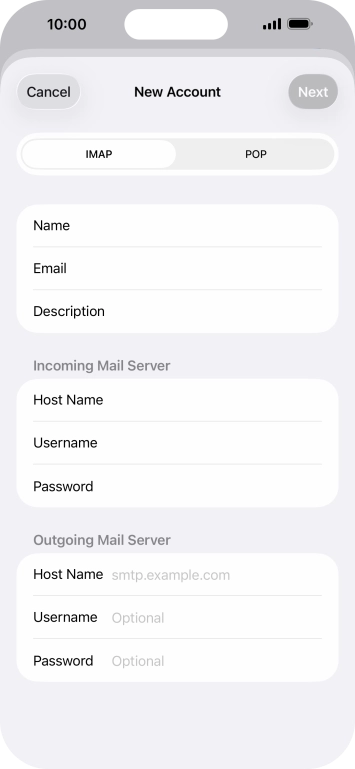Press Host Name and key in the name of your email provider's outgoing server. Press Host Name and key in the name of your email provider's outgoing server.