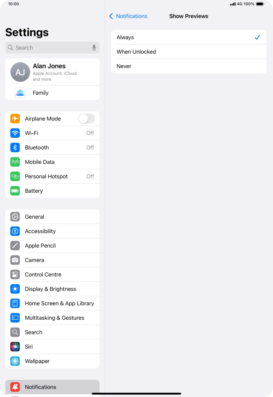 To select push notification preview on the lock screen, press Always.