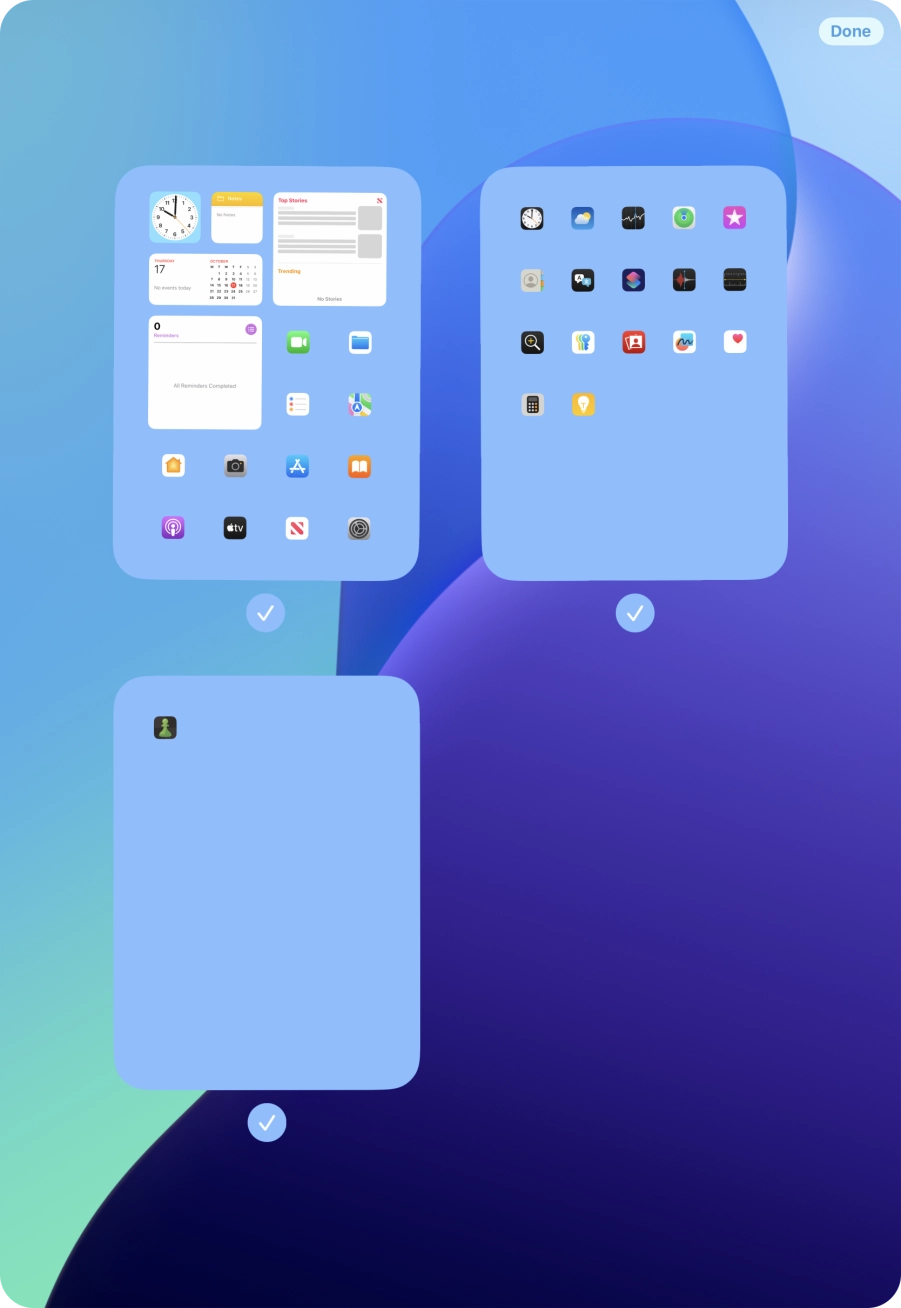 Press the field below the required home screen pages to select or deselect them.
