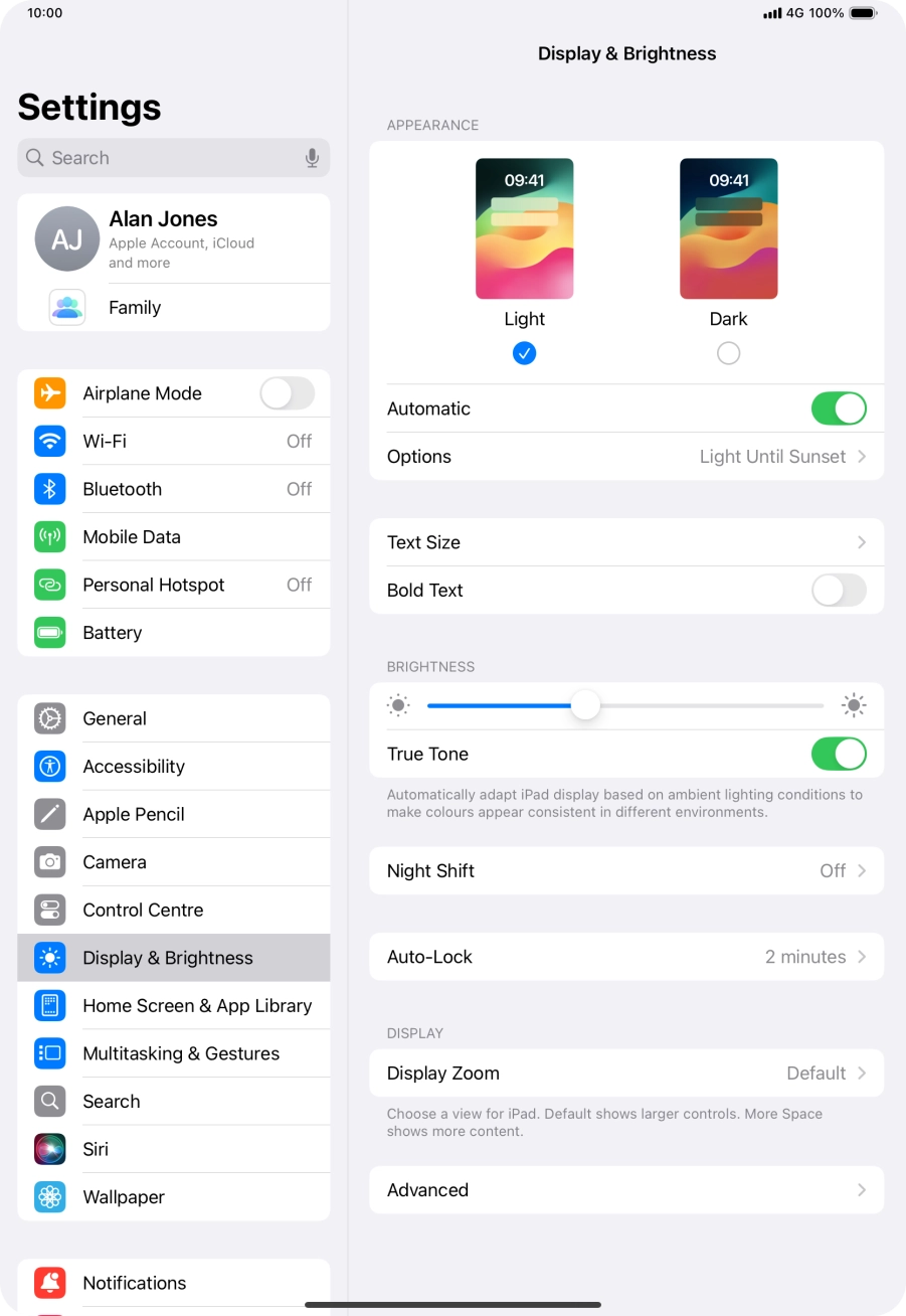 If you turn on the function, press Options and follow the instructions on the screen to select the required period of time for Dark Mode.