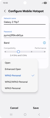 Press WPA3-Personal to password protect your Wi-Fi hotspot. Press WPA3-Personal to password protect your Wi-Fi hotspot.