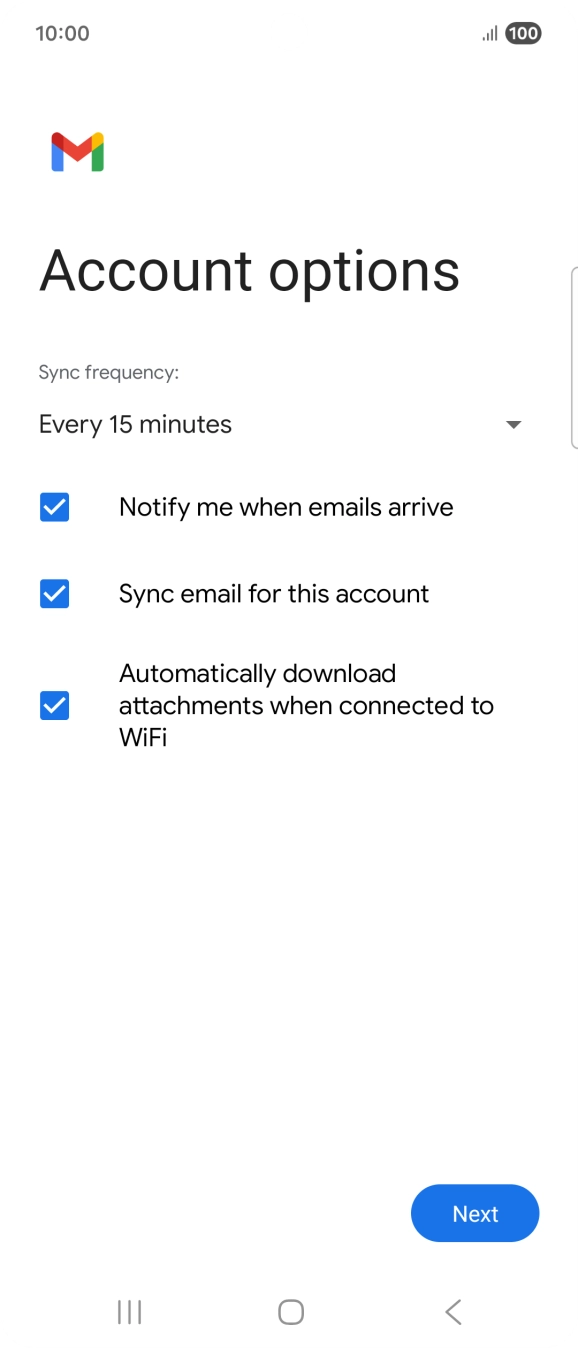 If this screen is displayed, your email account has been recognised and set up automatically. Follow the instructions on the screen to key in more information and finish setting up your phone.
