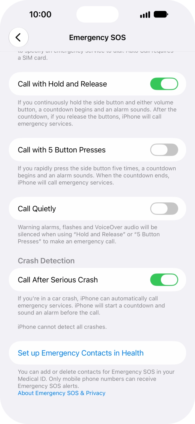 Press Set up Emergency Contacts in Health and follow the instructions on the screen to key in your emergency info and emergency contacts.