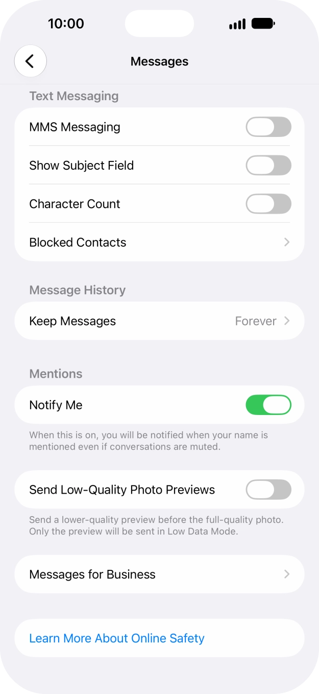 Press the indicator next to 'MMS Messaging' to turn on the function. Press the indicator next to 'MMS Messaging' to turn on the function.