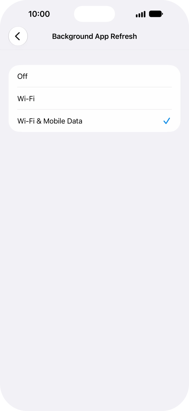 To turn off background refresh of apps, press Off. To turn off background refresh of apps, press Off.