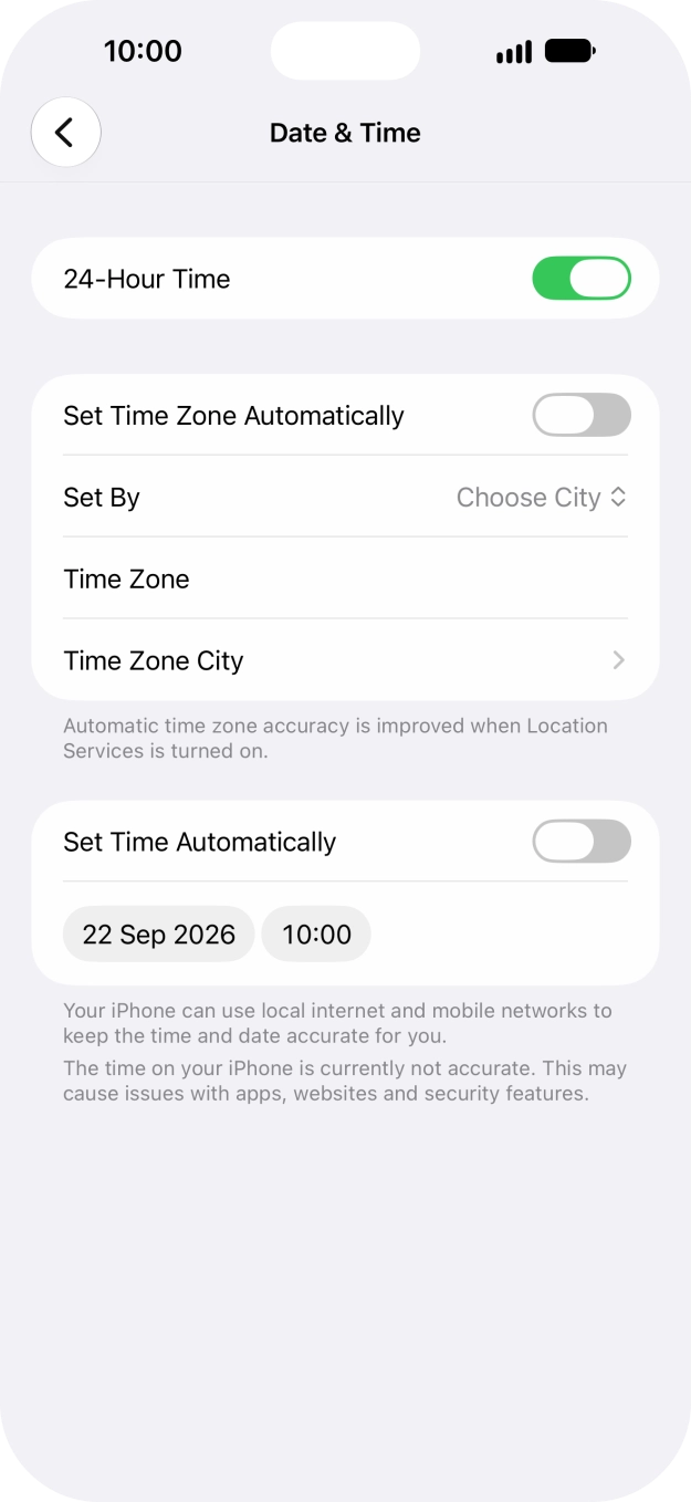 Press the indicator next to 'Set Time Zone Automatically' to turn on the function.