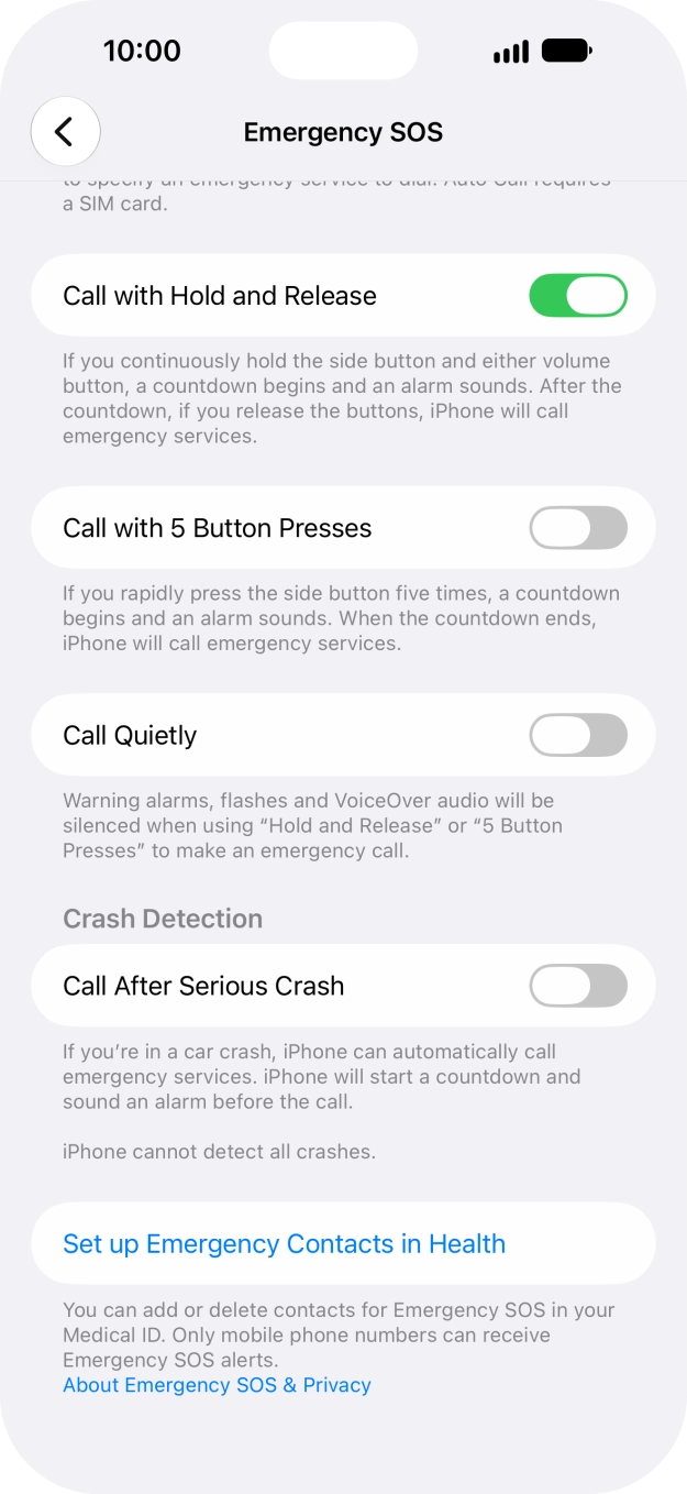 Press the indicator next to 'Call After Serious Crash' to turn on the function.