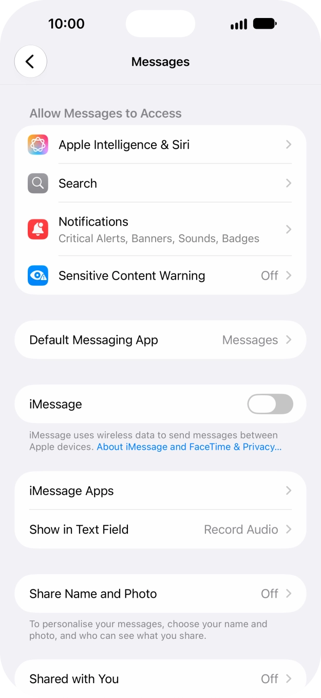 Press the indicator next to 'iMessage' to turn on the function.