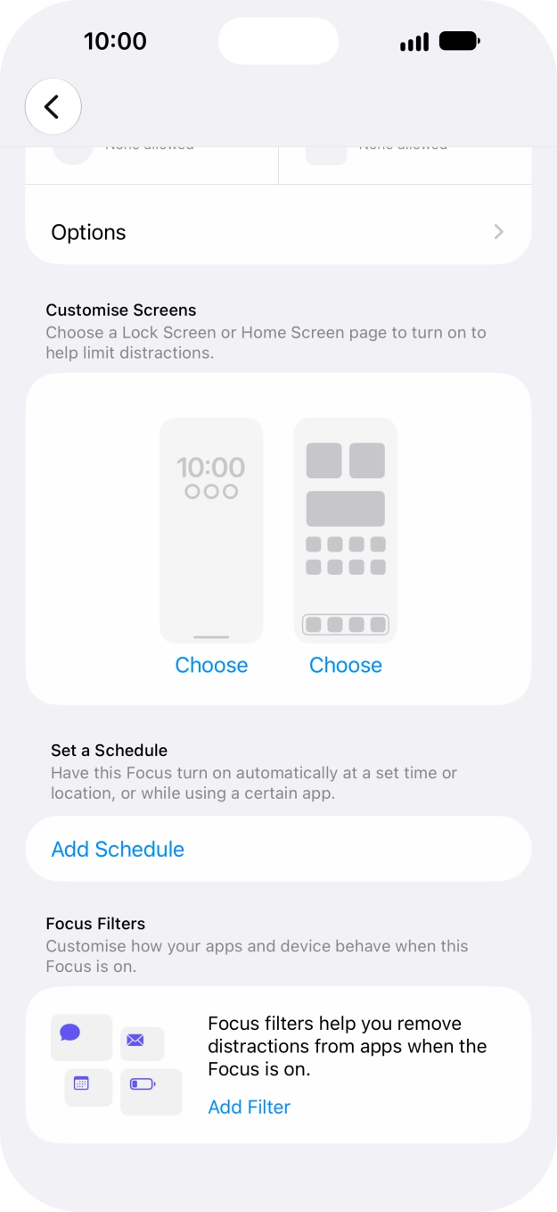 Press Add Schedule and follow the instructions on the screen to select settings for automatic activation of Do Not Disturb. Press Add Schedule and follow the instructions on the screen to select settings for automatic activation of Do Not Disturb.