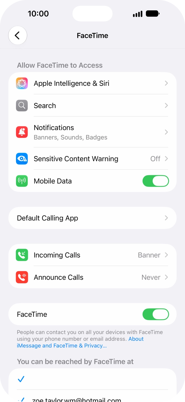 Press the indicator next to 'FaceTime' to turn the function on or off. Press the indicator next to 'FaceTime' to turn the function on or off.