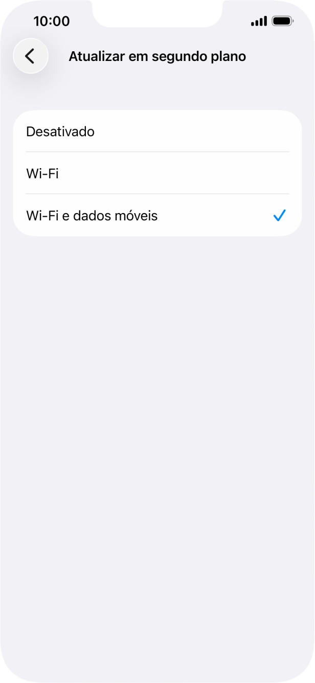 Para desativar a atualização de apps em segundo plano, prima Desativado.