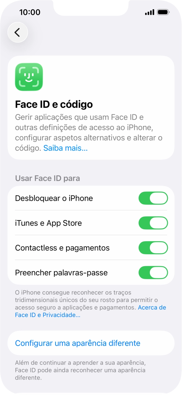 Prima os indicadores junto às definições pretendidas para as ativar ou desativar.