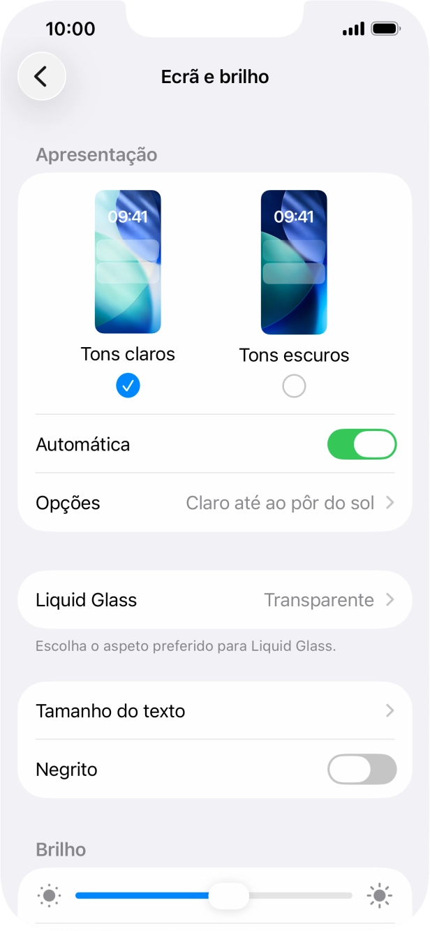 Quando ativar a função, prima Opções e siga as indicações no ecrã para escolher o período pretendido para o Modo Escuro.