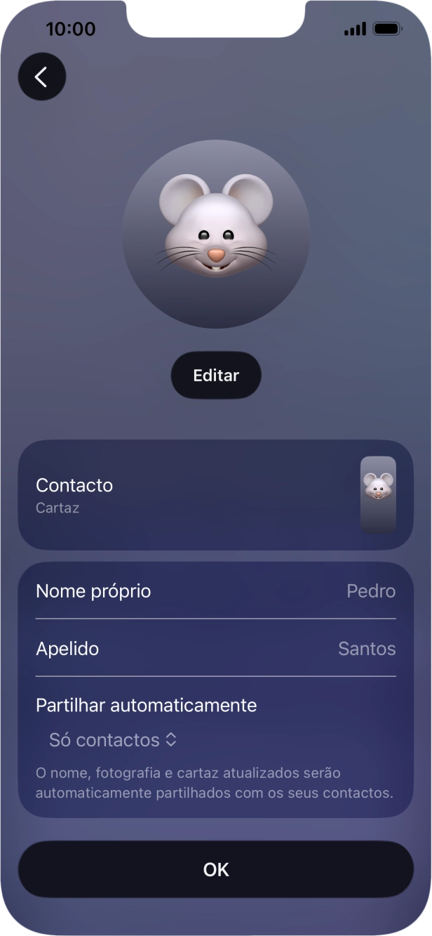 Prima os campos do nome e siga as indicações no ecrã para editar o seu nome no cartaz de contacto.