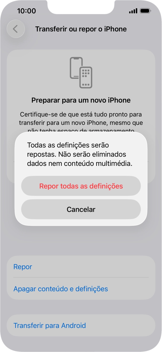 Prima Repor todas as definições.