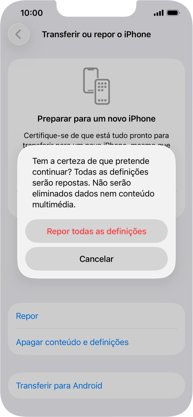 Prima Repor todas as definições. Aguarde um momento enquanto o telefone restabelece as definições originais. Siga as indicações no ecrã para configurar o telefone de modo que este fique pronto a ser utilizado.