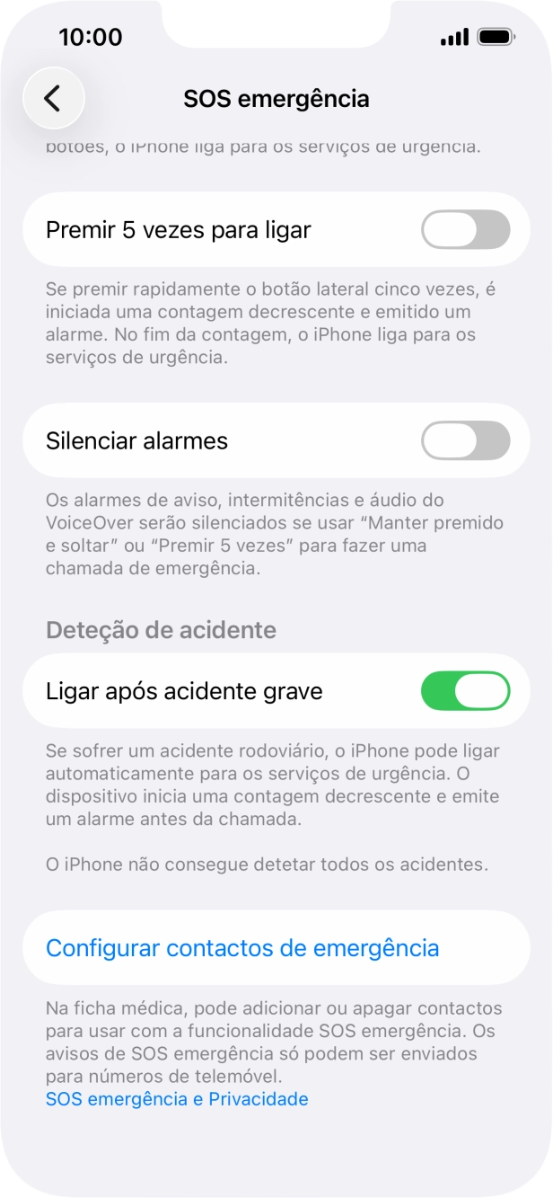 Prima Configurar contactos de emergência e siga as indicações no ecrã para introduzir a sua informação de emergência e os seus contactos de emergência.