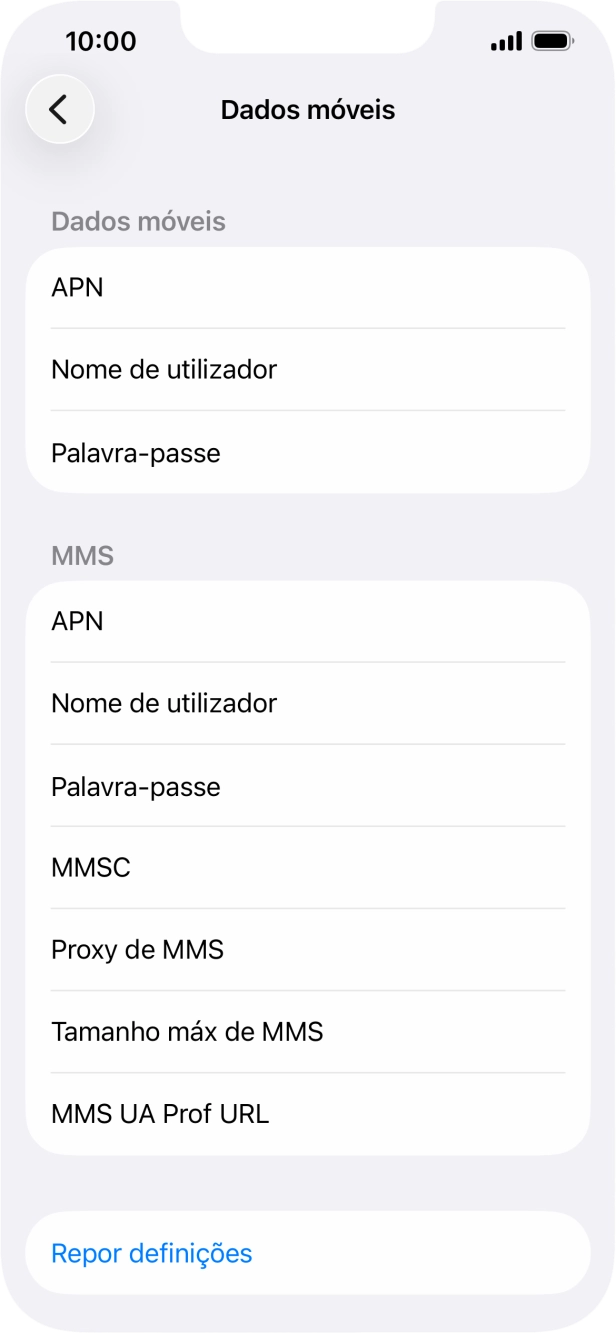 Prima APN e insira net2.vodafone.pt.