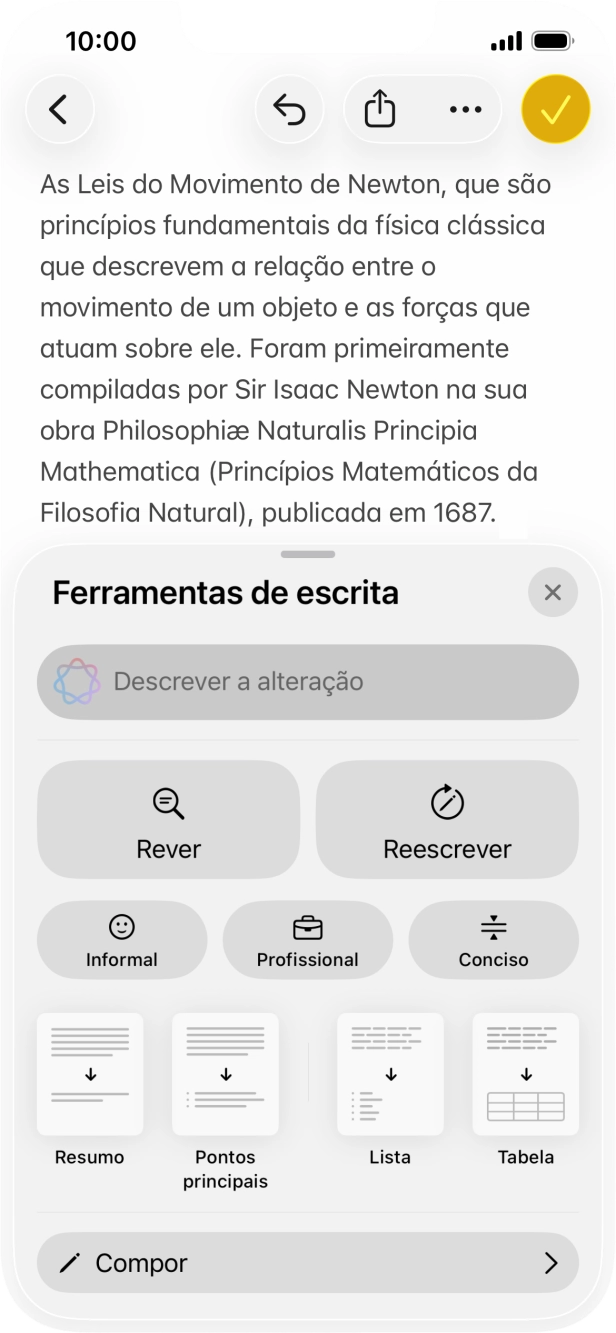 Prima Descrever a alteração e descreva em palavras suas, como pretende que o texto seja reescrito. Siga as indicações no ecrã para utilizar a função.