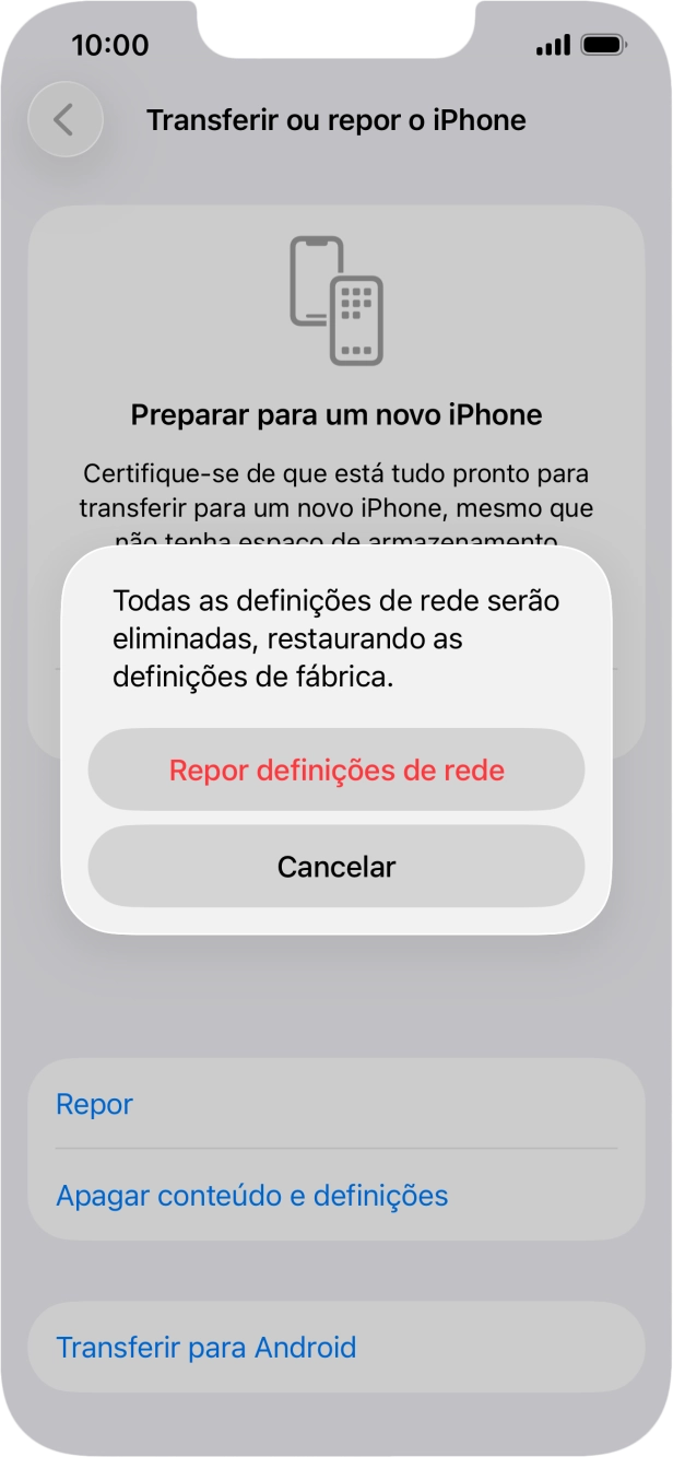 Prima Repor definições de rede.