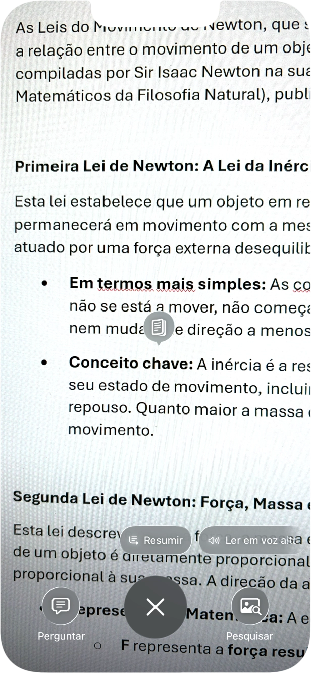 Para utilizar a inteligência visual num texto, tire uma foto do texto, prima a definição pretendida e siga as indicações no ecrã, para utilizar a função.