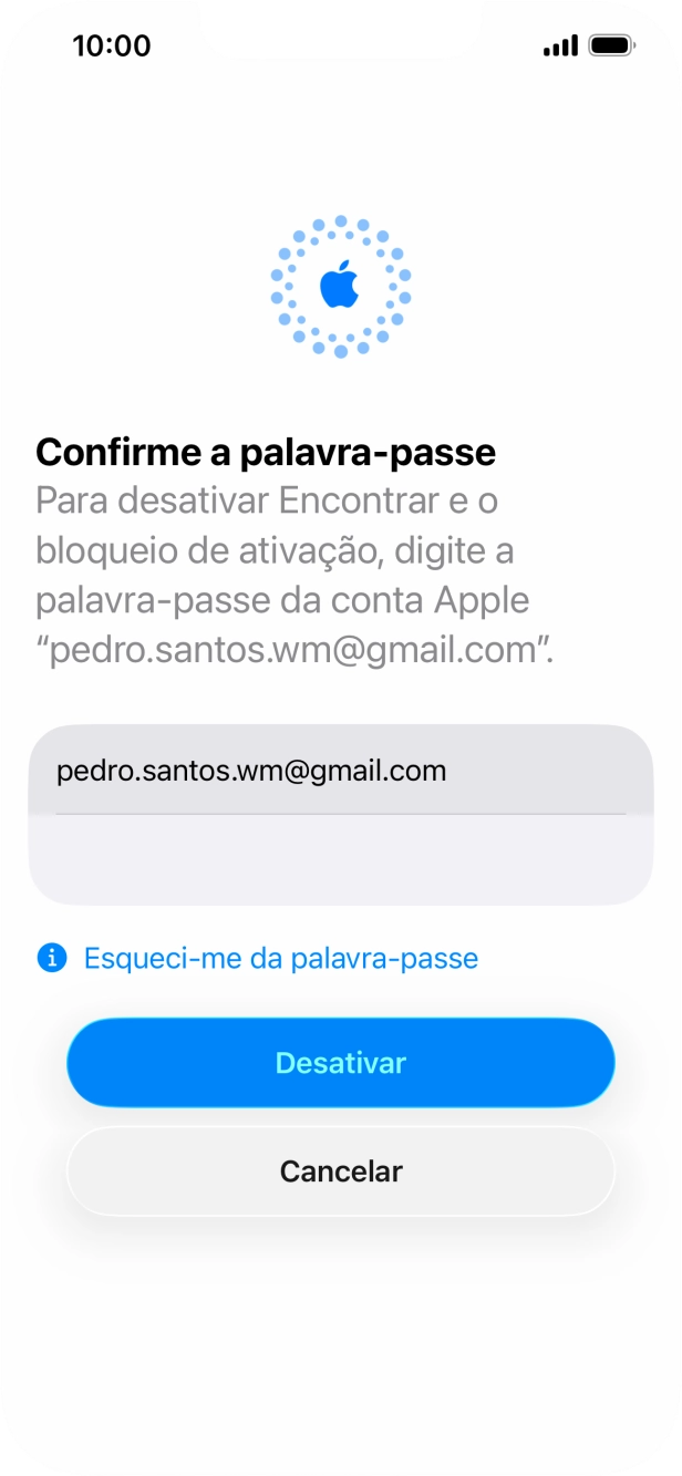 Introduza a password da sua Conta Apple e prima Desactivar. Aguarde um momento enquanto o telefone restabelece as definições originais. Siga as indicações no ecrã para configurar o telefone de modo que este fique pronto a ser utilizado.