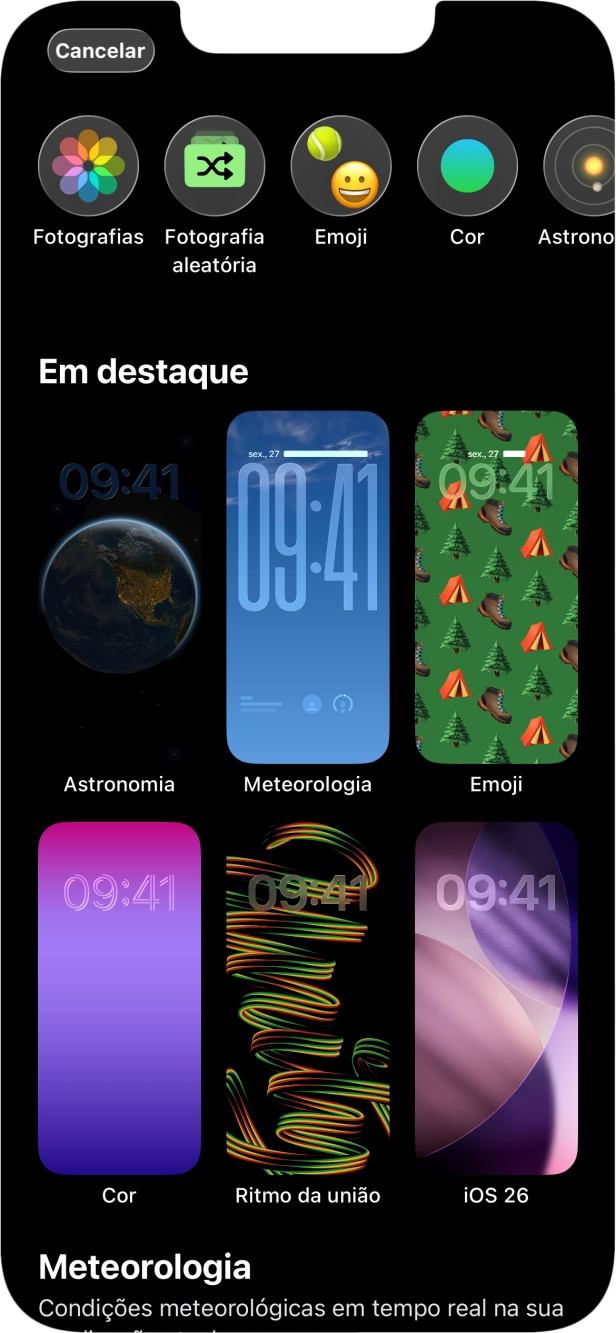 Prima a categoria pretendida e siga as indicações no ecrã para escolher a imagem de fundo pretendida.