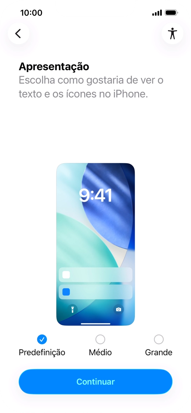 Escolha o tamanho pretendido para o texto e ícones no telefone e prima Continuar.