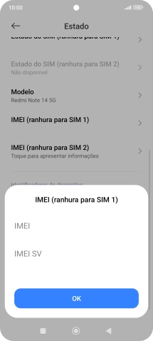 O código IMEI é mostrado no ecrã.